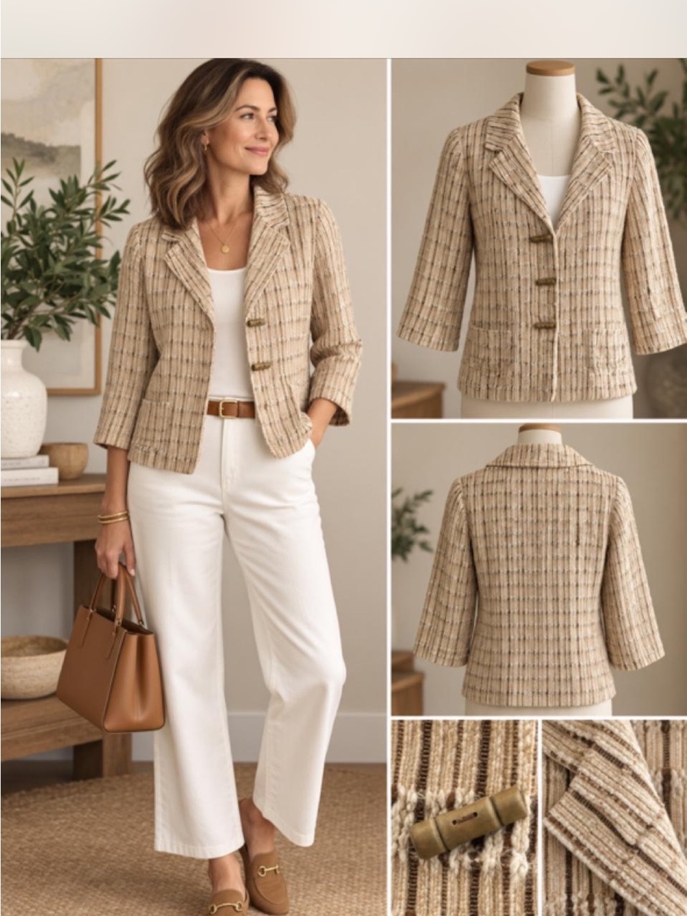 J. Jill Beige Tweed Three-Button Cropped Blazer